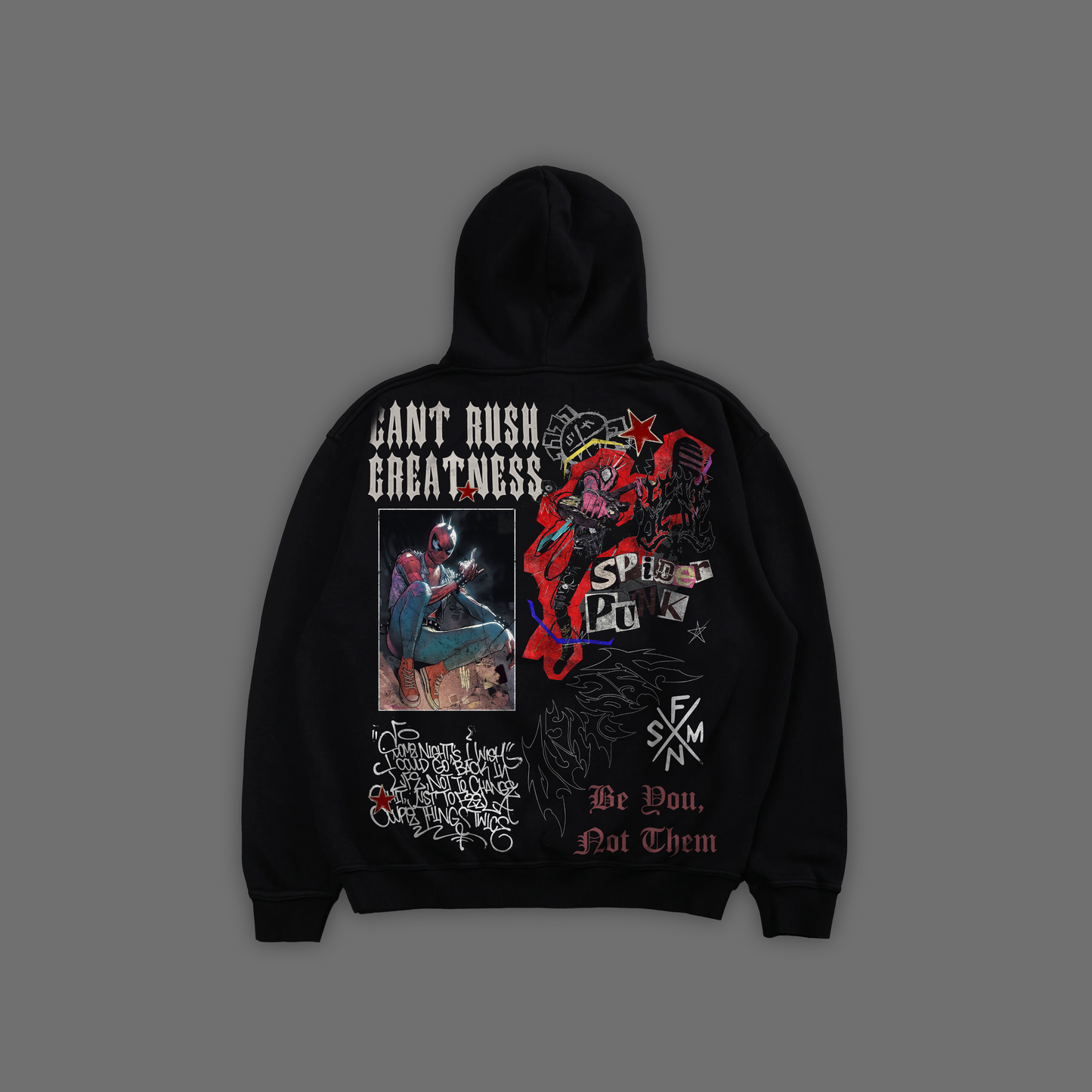 SPIDER-PUNK: CAN'T RUSH GREATNESS 'EXCLUSIVE' OVERSIZED HOODIE IN BLACK