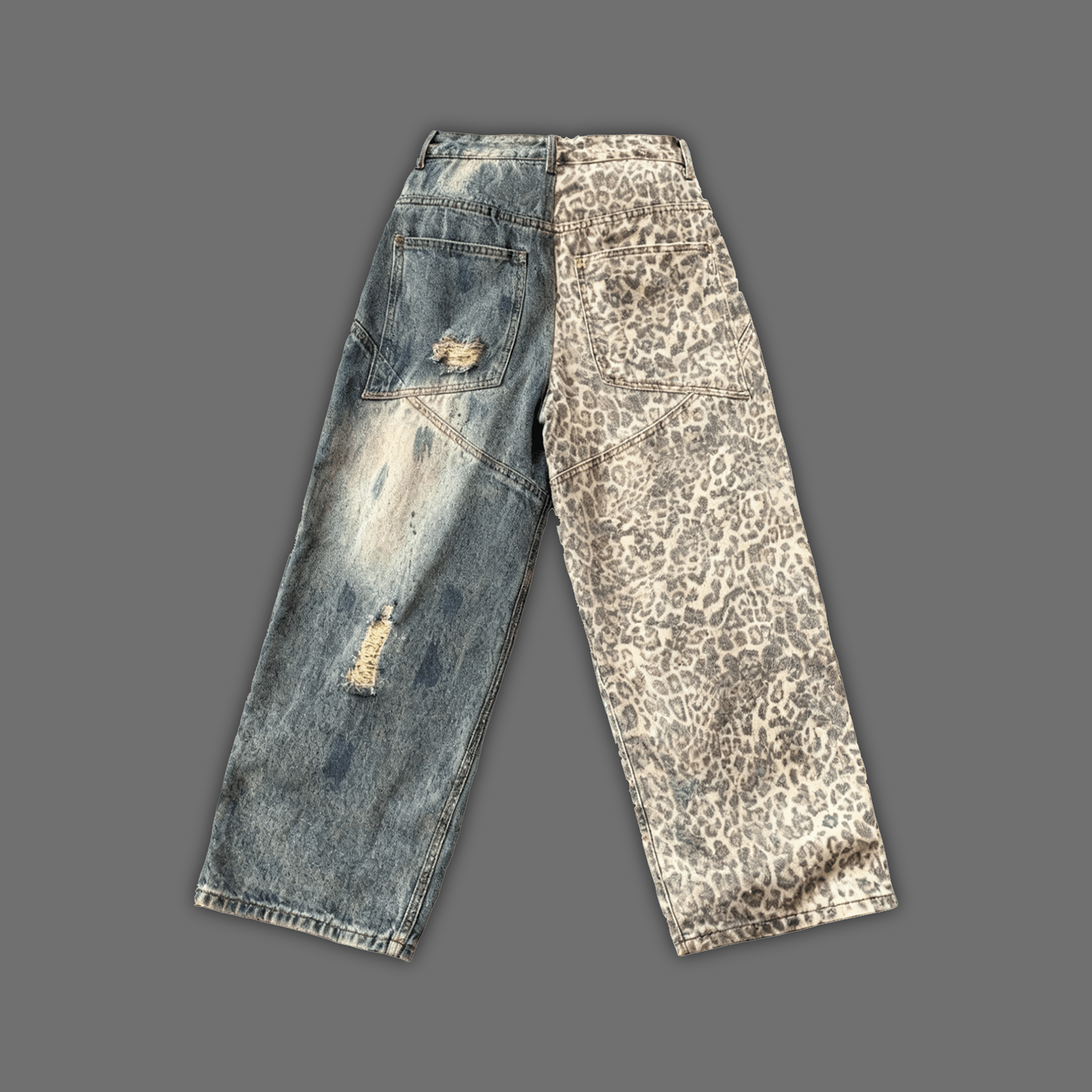 DL: ESSENTIALS WASHED & DISTRESSED LEOPARD PRINT 50/50 WIDE LEG JEANS