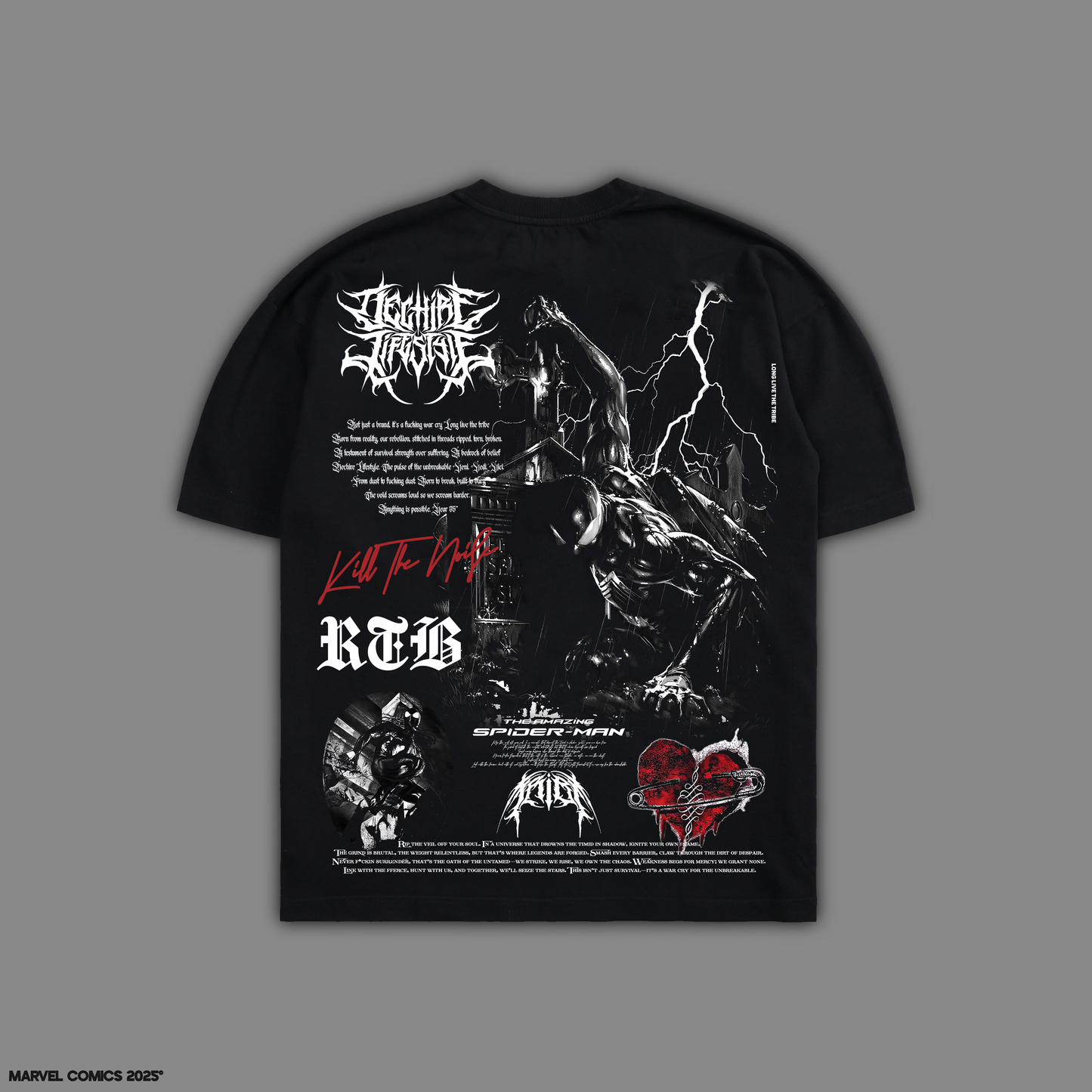 SPIDERMAN: AIN'T NO GRAVE '1 OF 50' 12oz OS PUMP COVER TEE (B/W VERSION)