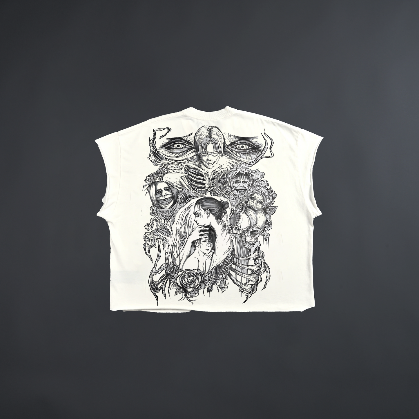 ATTACK ON TITAN FRENCH TERRY RAW HEM MUSCLE TEE IN BLACK