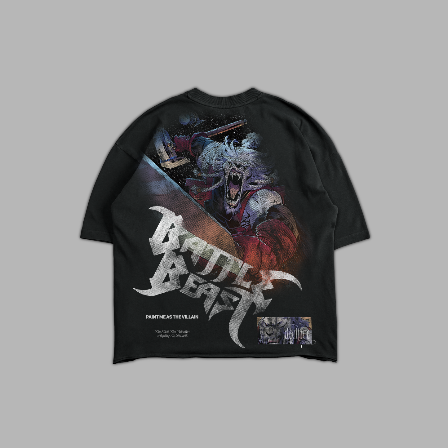 BATTLE BEAST 'LIMITED' RAW HEM OVERSIZED TEE IN BLACK