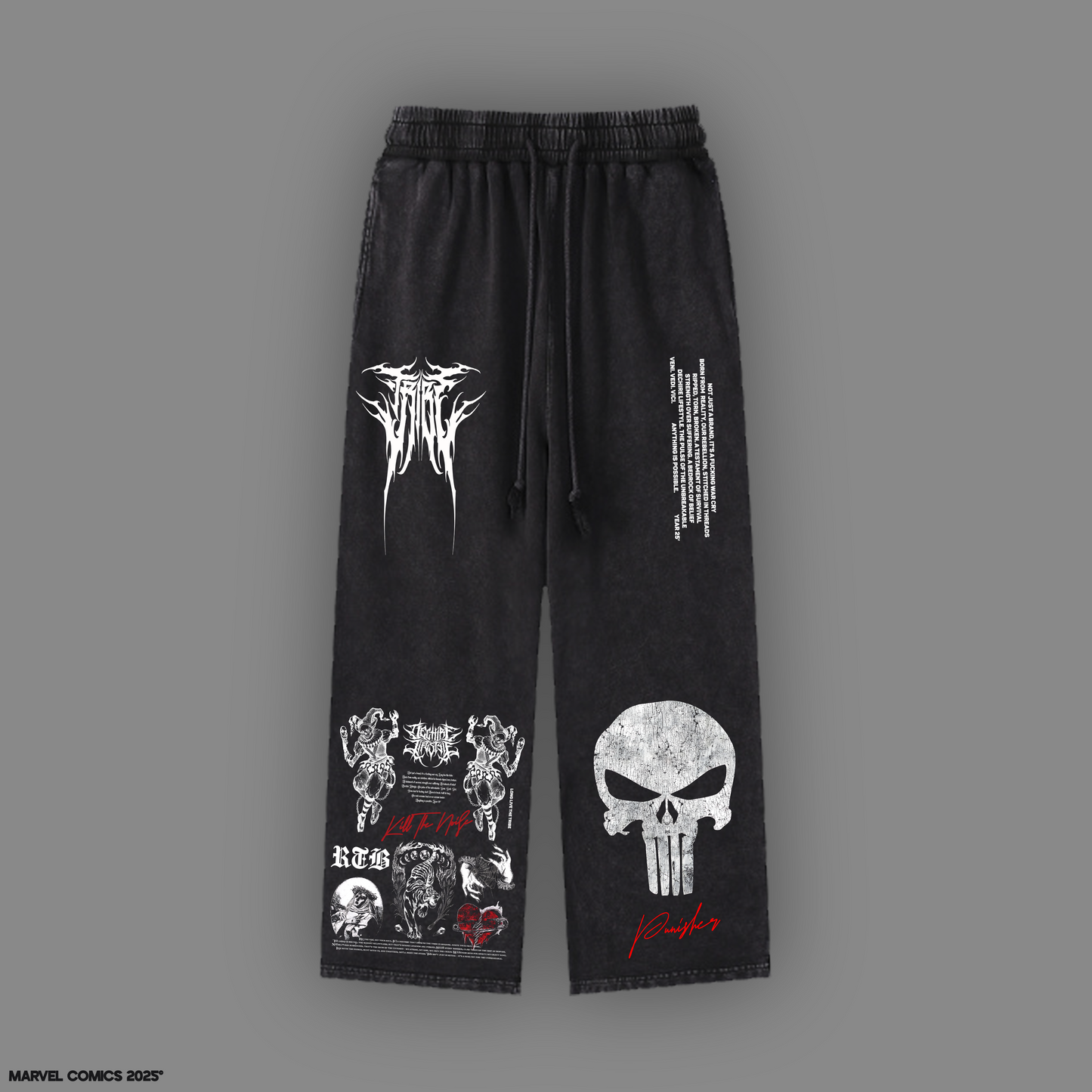 THE PUNISHER 'LIMITED' ACID WASHED WIDE LEG LOUNGE SWEATS IN BLACK