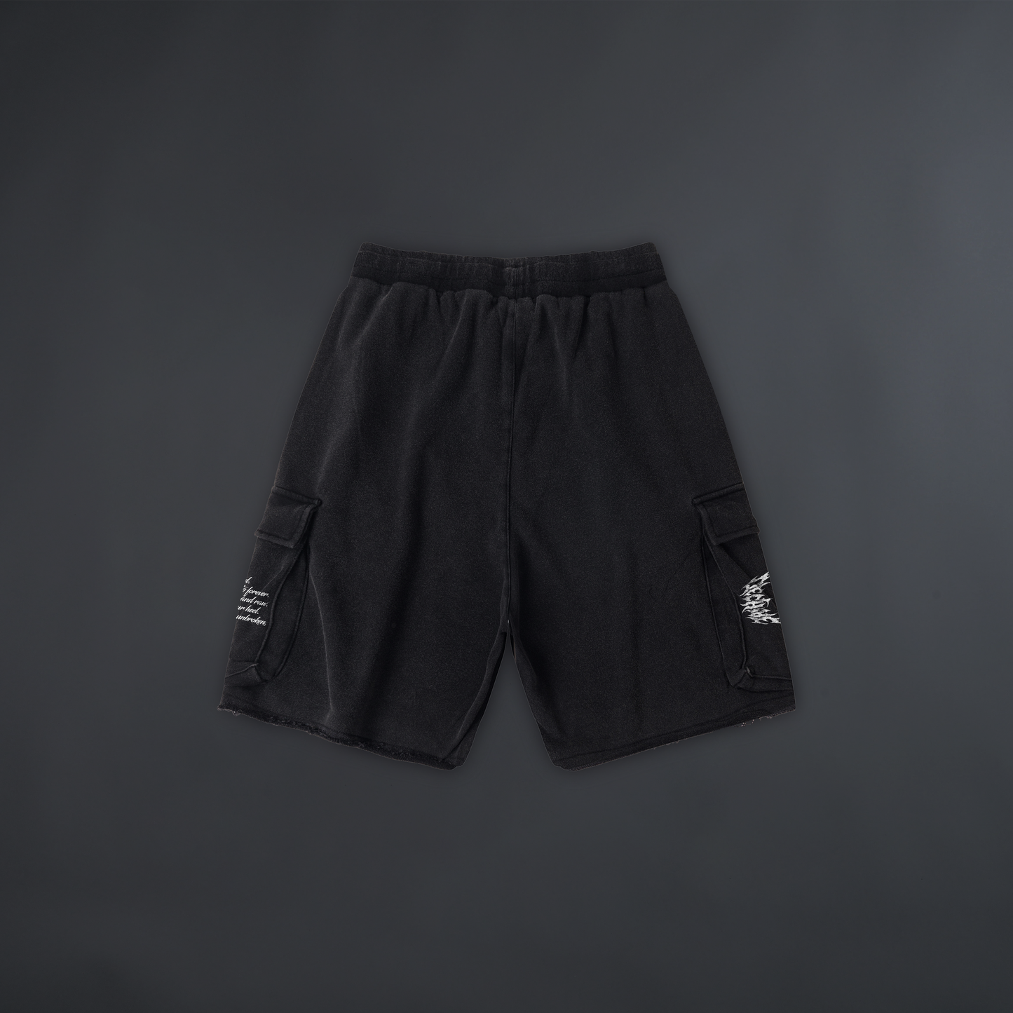 RTBFTP 'LIMITED' RAW EDGE CARGO SWEAT SHORTS IN WASHED BLACK