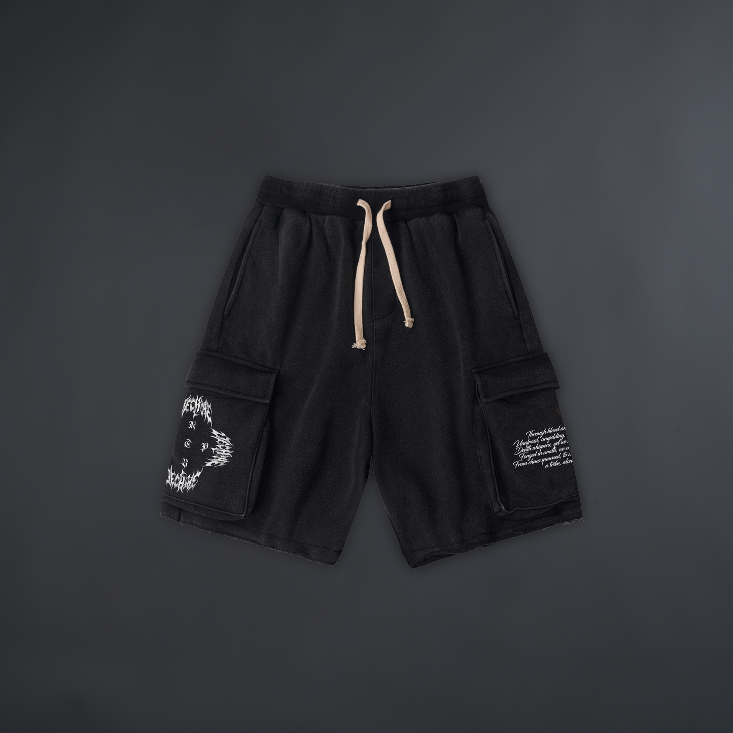 RTBFTP 'LIMITED' RAW EDGE CARGO SWEAT SHORTS IN WASHED BLACK