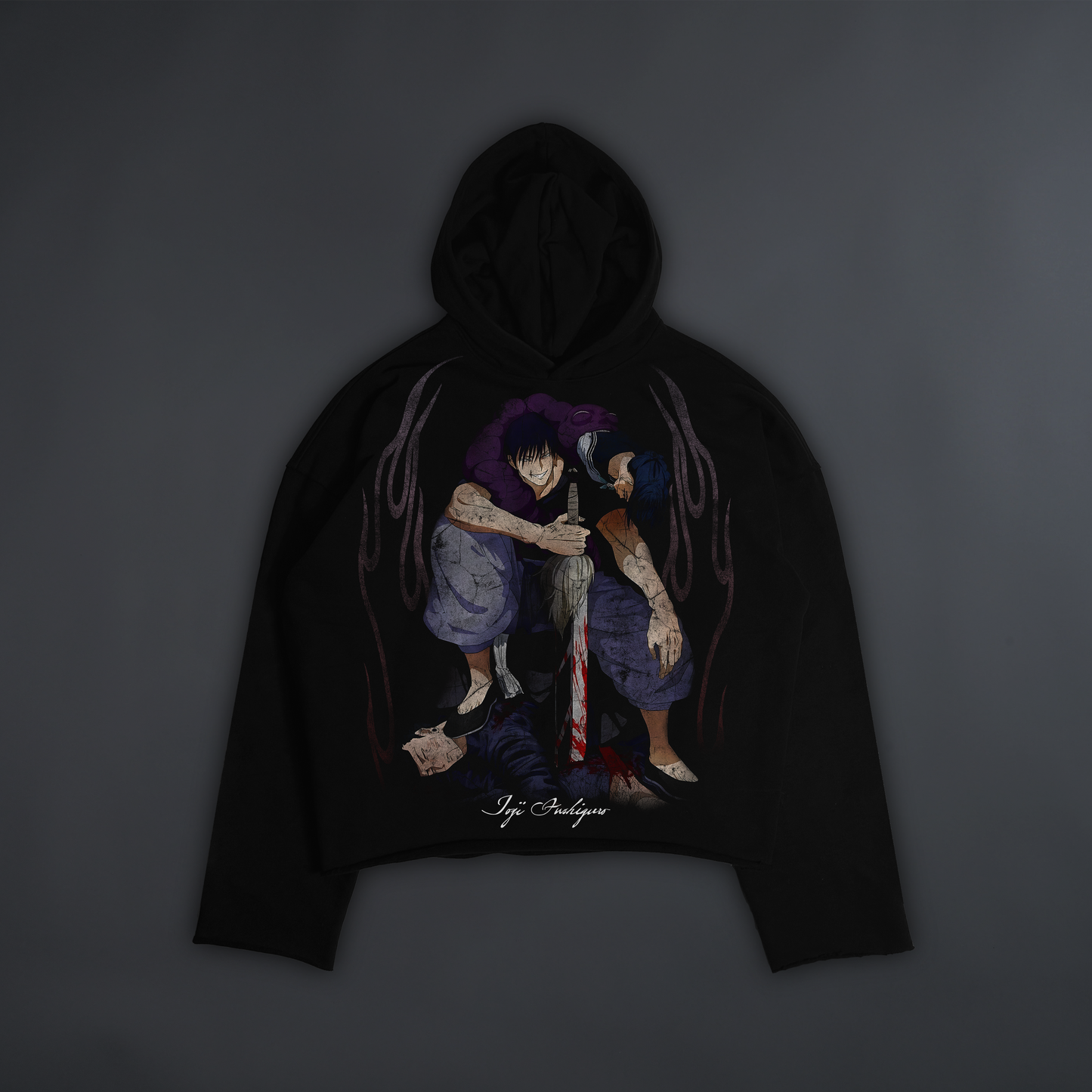 TOJI FUSHIGURO || OS BOXY CUTOFF HOODIE IN SHADOW BLACK®