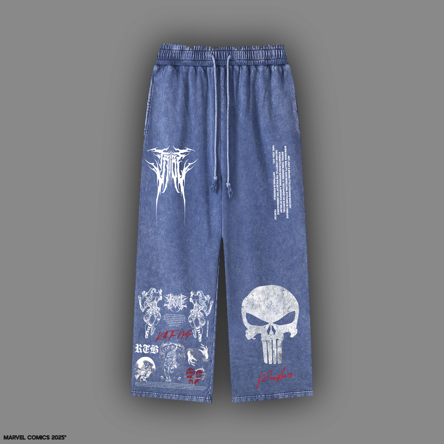 THE PUNISHER 'LIMITED' ACID WASHED WIDE LEG LOUNGE SWEATS IN CHARCOAL BLUE