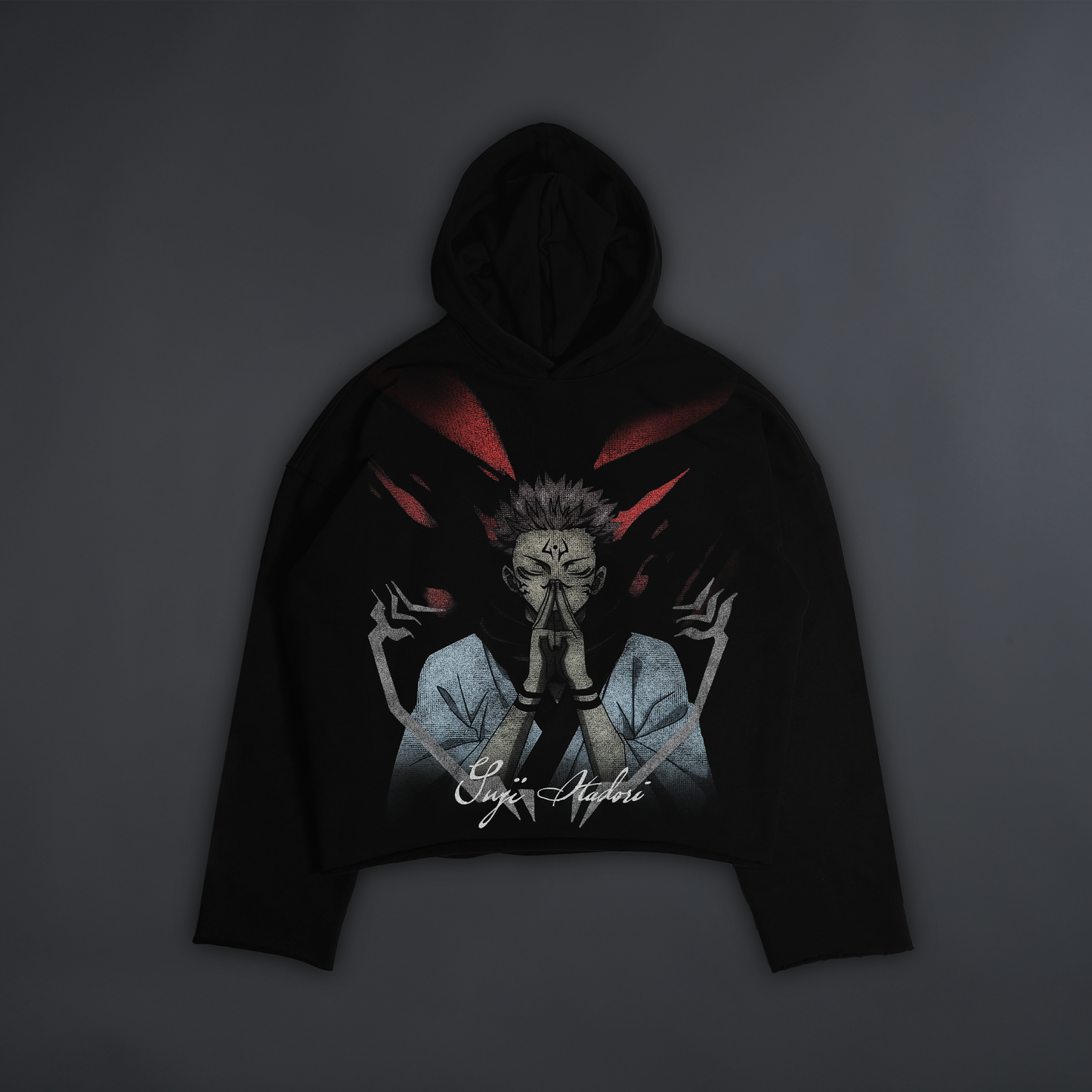 YUJI ITADORI "1 OF 200' OS BOXY CUTOFF HOODIE IN SHADOW BLACK®