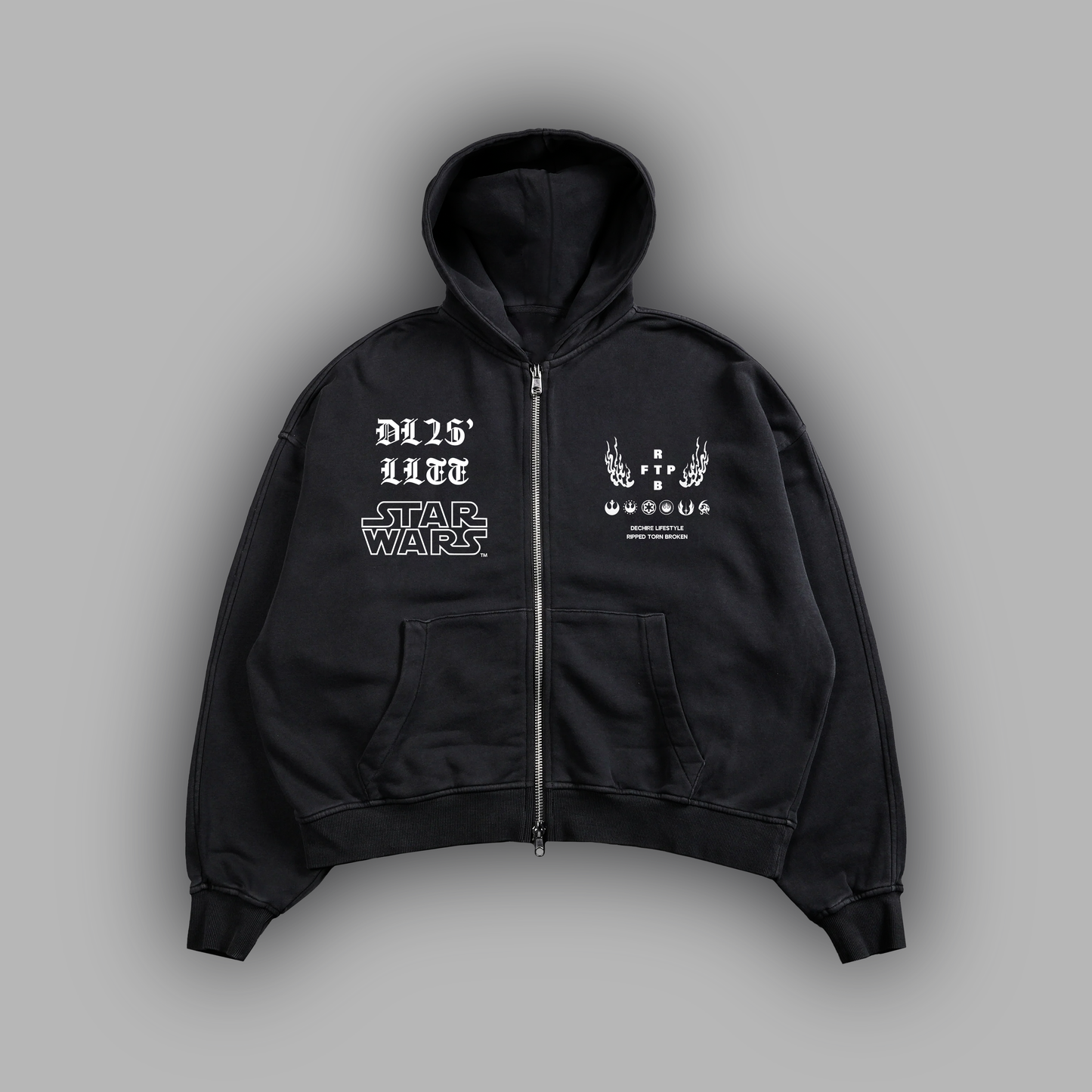 MANDALORIAN & GROGU 'LIMITED' SNOW WASHED DOUBLE ZIP HOODIE IN FADED BLK