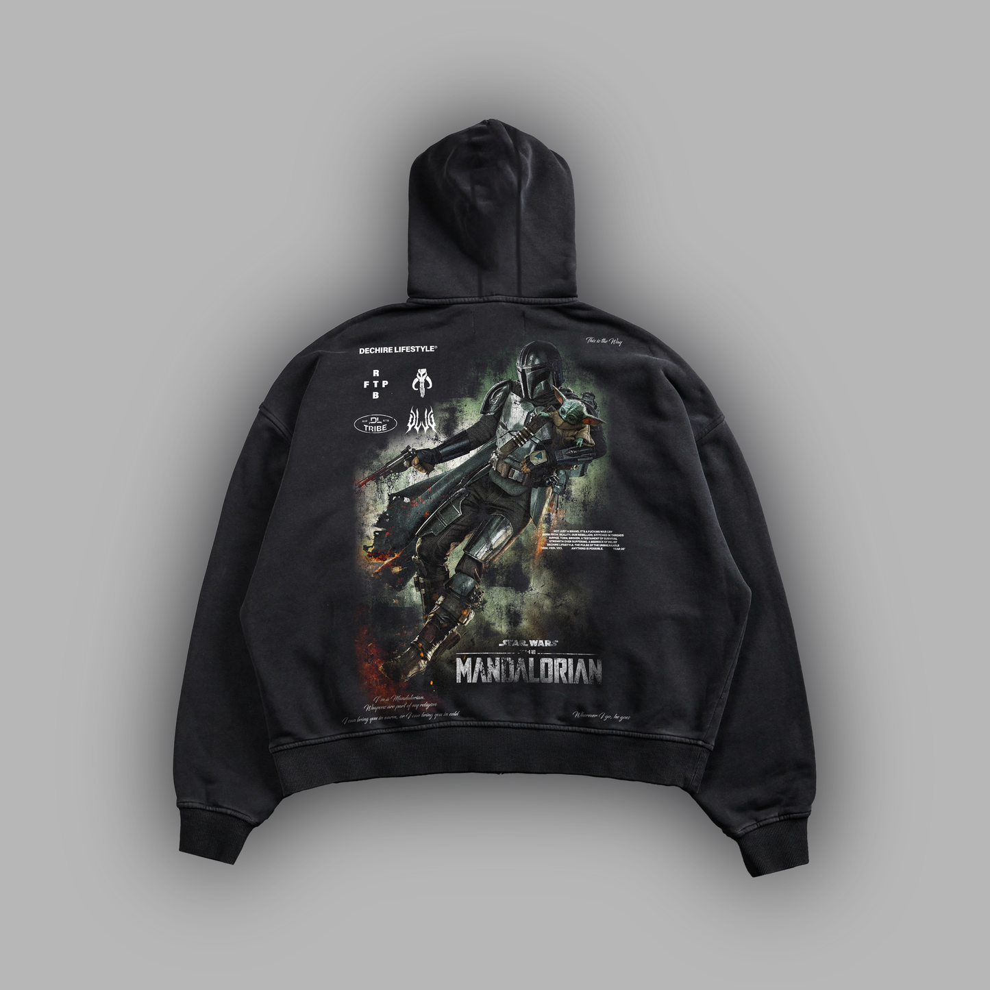 MANDALORIAN & GROGU 'LIMITED' SNOW WASHED DOUBLE ZIP HOODIE IN FADED BLK