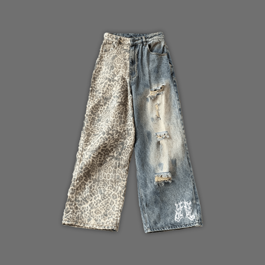 DL: ESSENTIALS WASHED & DISTRESSED LEOPARD PRINT 50/50 WIDE LEG JEANS