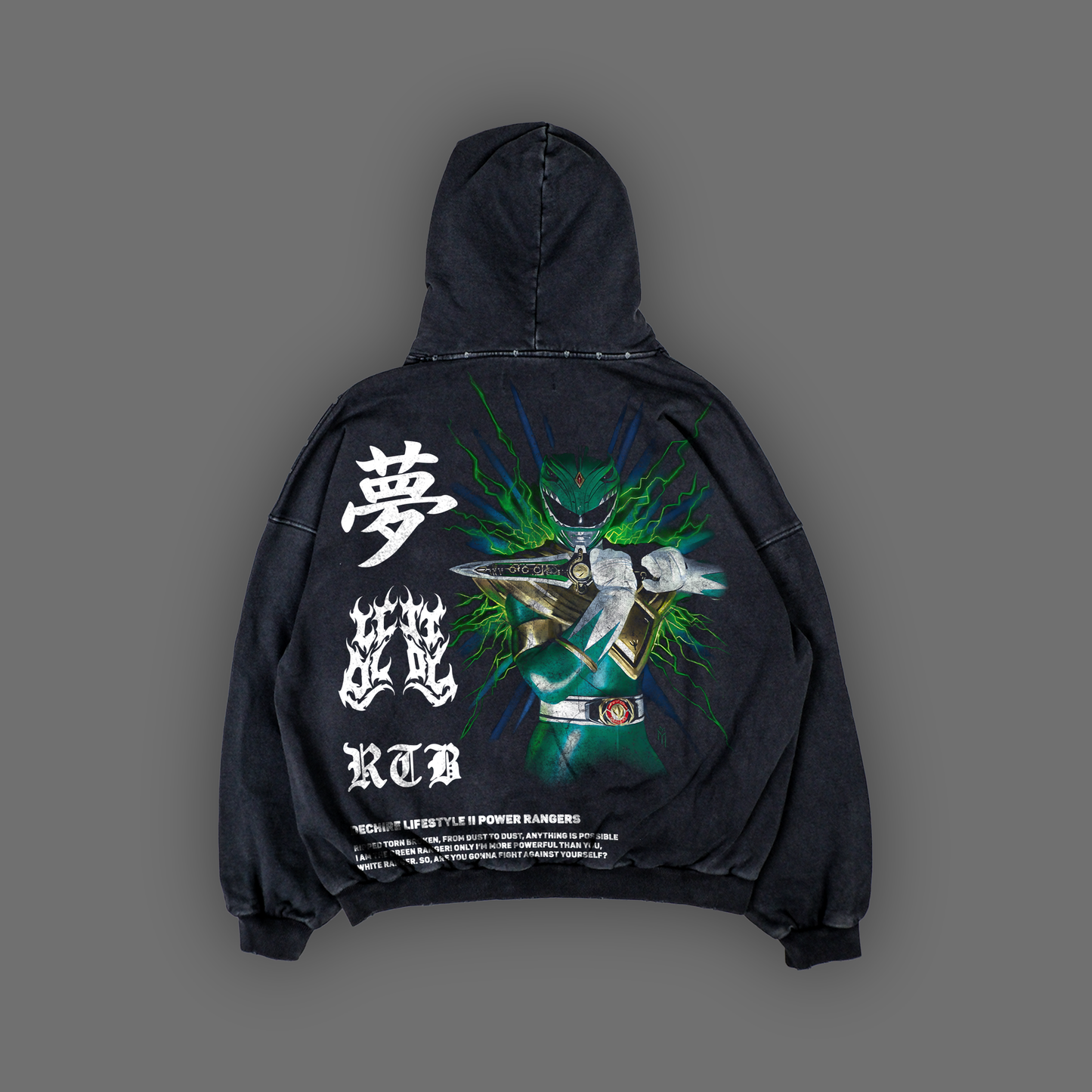 TOMMY OLIVER || GREEN RANGER ULTRA DISTRESSED GRUNGE HOODIE IN SLATE GRAY