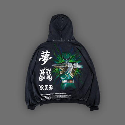 TOMMY OLIVER || GREEN RANGER ULTRA DISTRESSED GRUNGE HOODIE IN SLATE GRAY