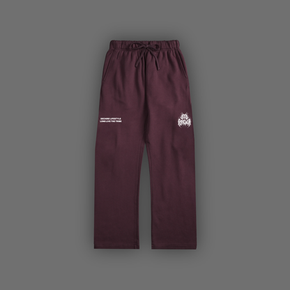 DL: ESSENTIALS 03 FRAYED ENZYME WASHED WIDE LEG SWEATS IN MAROON