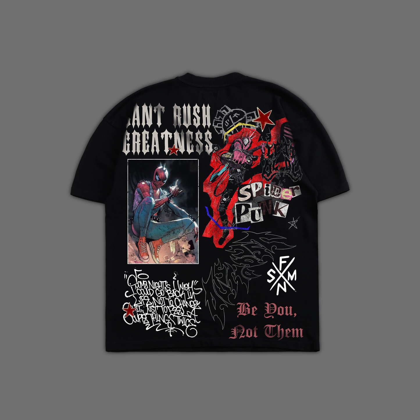 SPIDER-PUNK: CAN'T RUSH GREATNESS 'EXCLUSIVE' OVERSIZED TEE IN BLACK