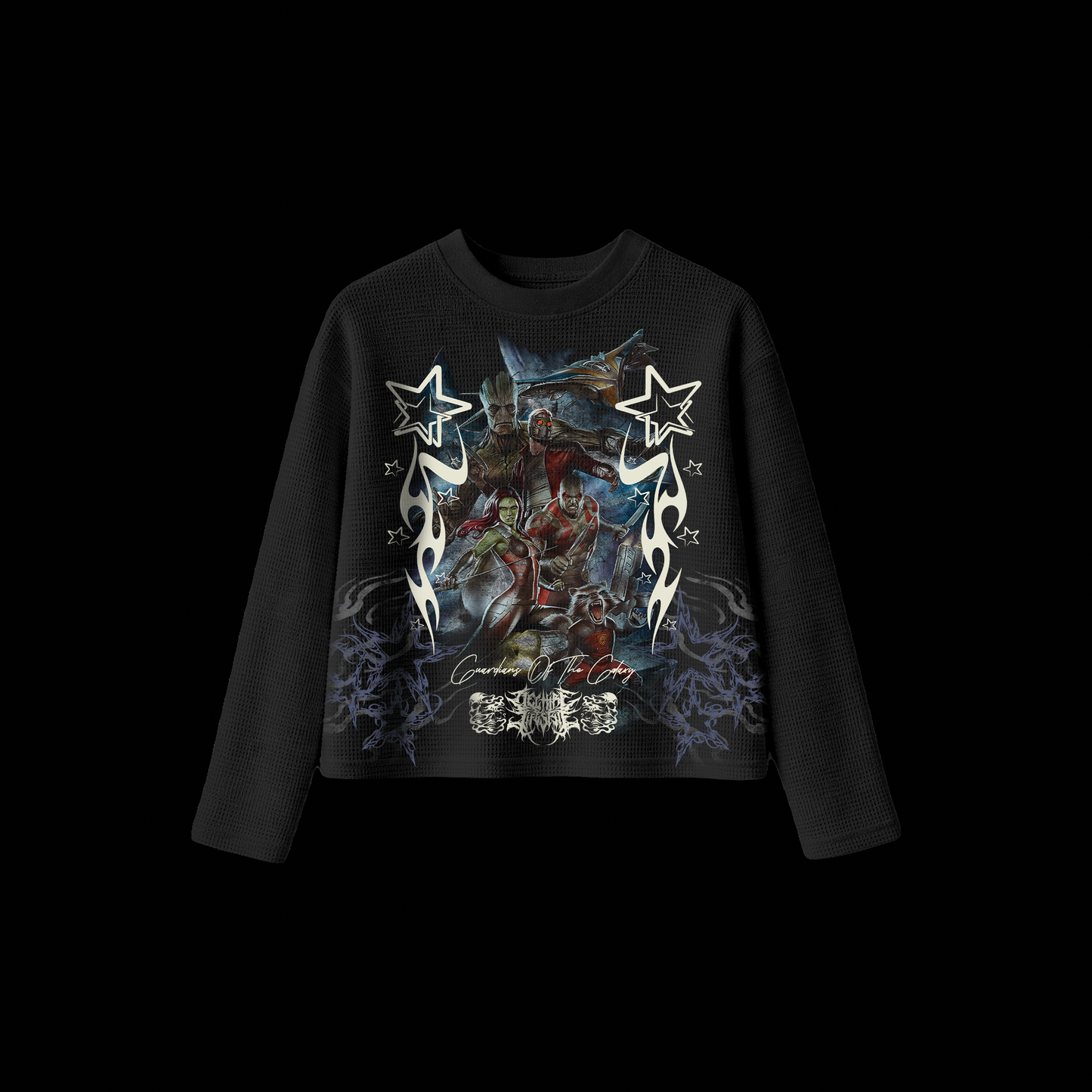 GOTG | AWESOME MIX (VOL. 1) '1 OF 100' OS WAFFLE KNIT CROPPED L/S TEE IN BLACK