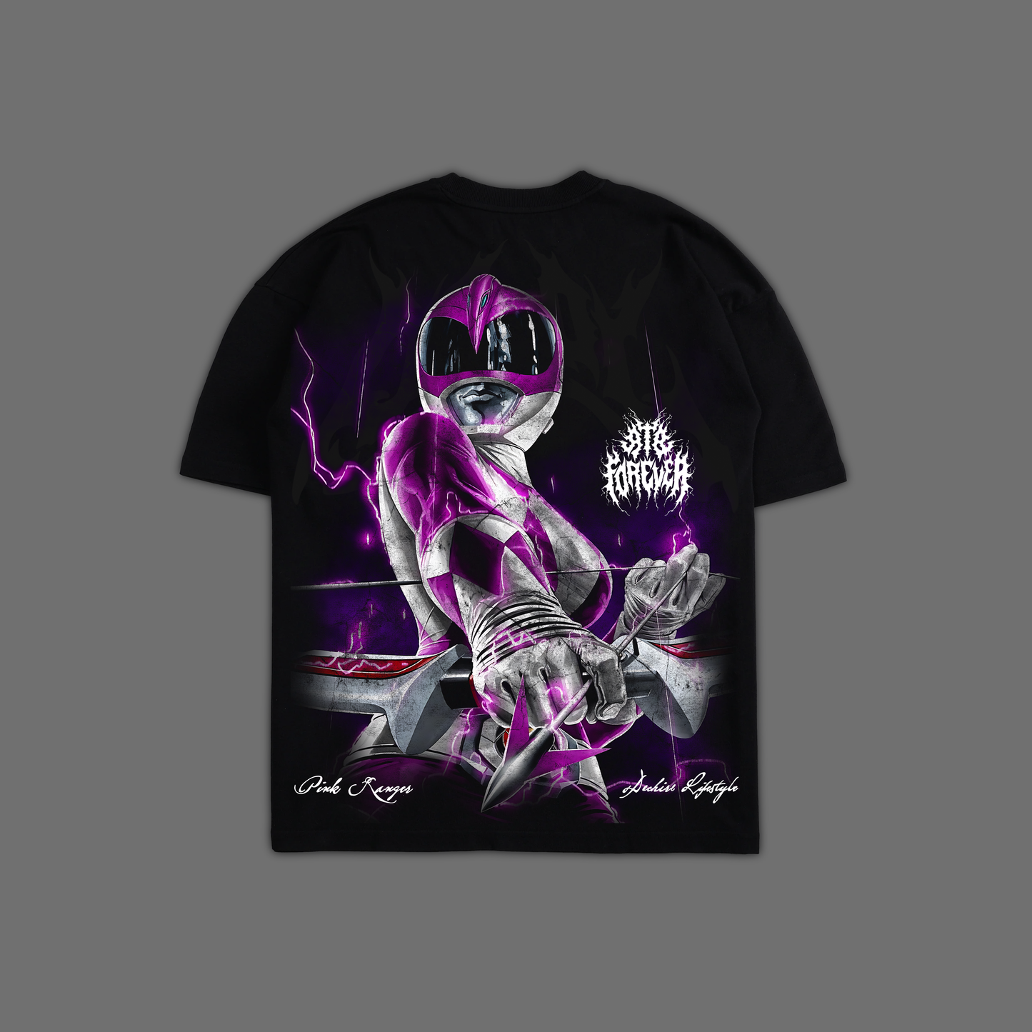 MIGHTY MORPHIN || PINK RANGER 'ICON SERIES' OVERSIZED TEE IN BLACK