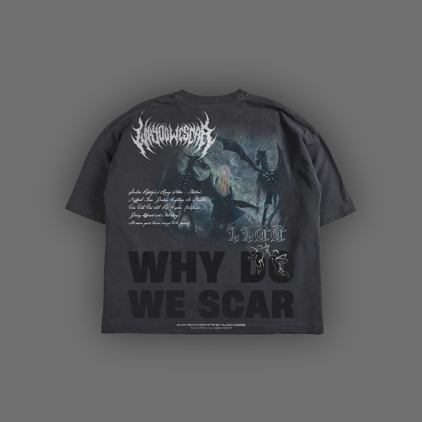 LUNA & THE THESTRALS 'LIMITED' OS TERRY RAW HEM TEE IN CHARCOAL