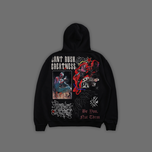 SPIDER-PUNK: CAN'T RUSH GREATNESS 'EXCLUSIVE' OVERSIZED HOODIE IN BLACK