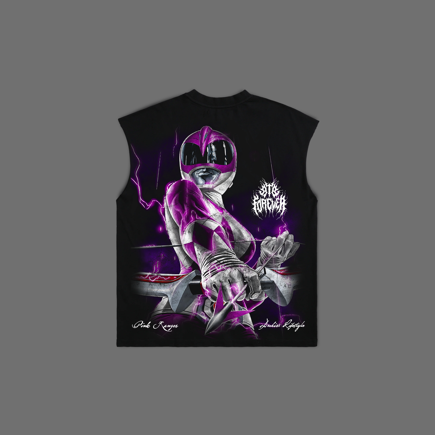 MIGHTY MORPHIN || PINK RANGER MUSCLE TEE IN BLACK