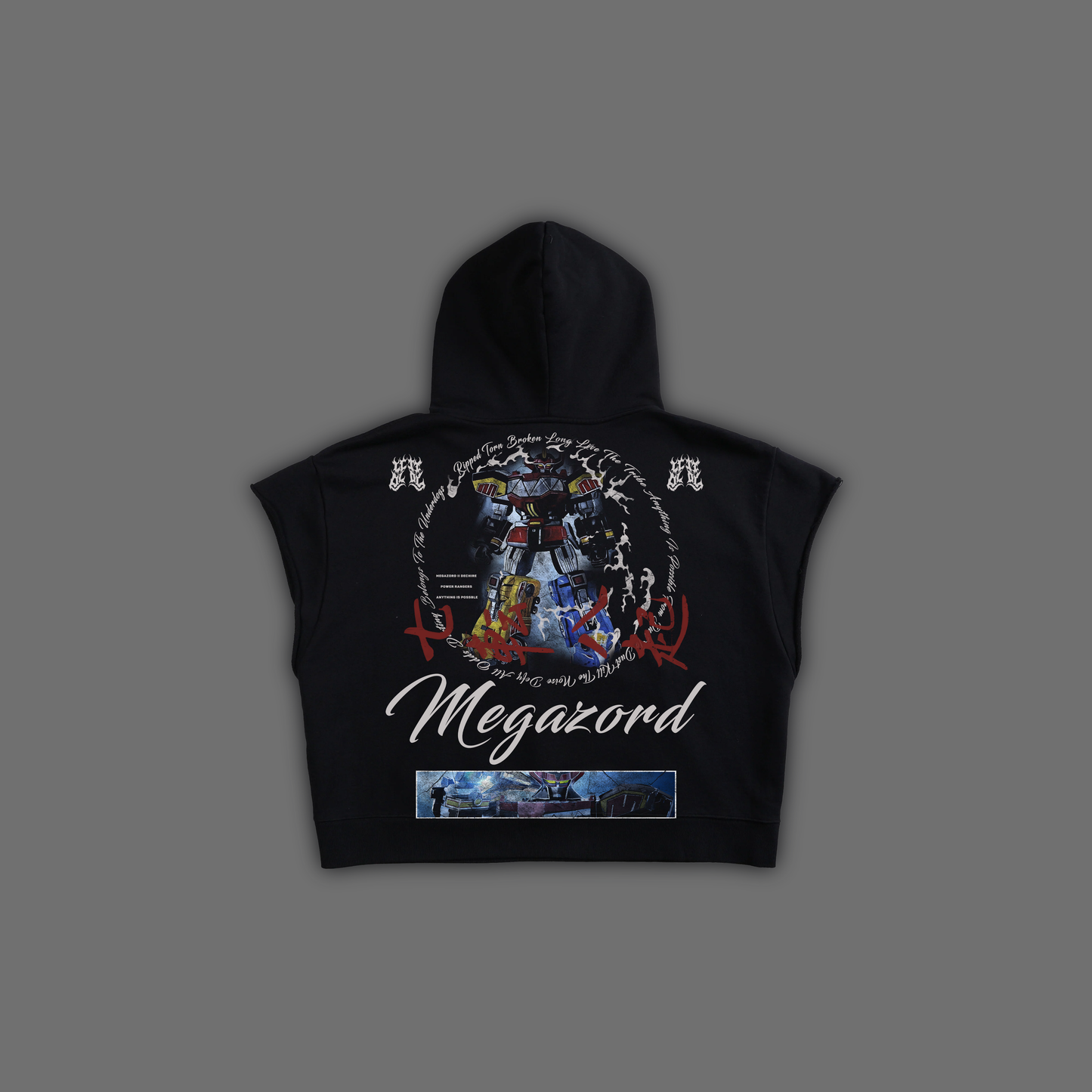 MEGAZORD CAP SLEEVE GRUNGE HOODIE IN BLACK