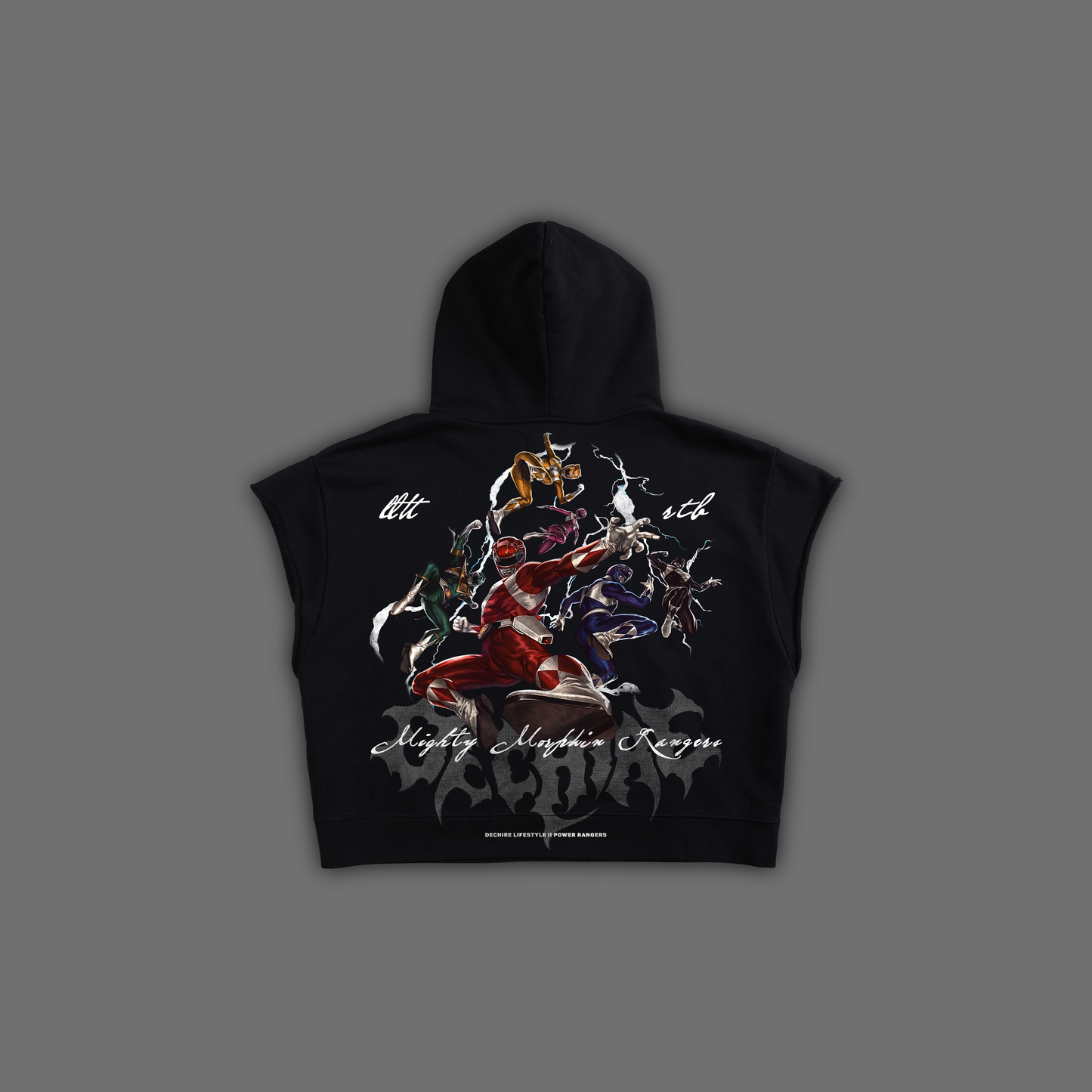 POWER RANGERS || MIGHTY MORPHIN '32 YEAR EDITION' (REVERSED) CAP SLEEVE GRUNGE HOODIE IN BLACK