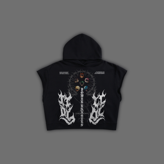 POWER RANGERS || MIGHTY MORPHIN '32 YEAR EDITION' (REVERSED) CAP SLEEVE GRUNGE HOODIE IN BLACK