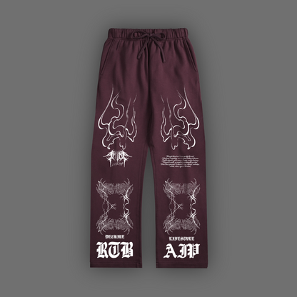 'WHY DO WE SCAR' WIDE LEG OS FLEECE SWEATS IN BURGUNDY