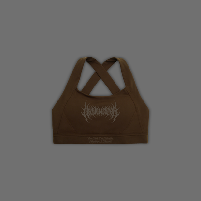'WHY DO WE SCAR' DLFemme™ SHOCKPROOF SPORTS BRA IN MOCHA