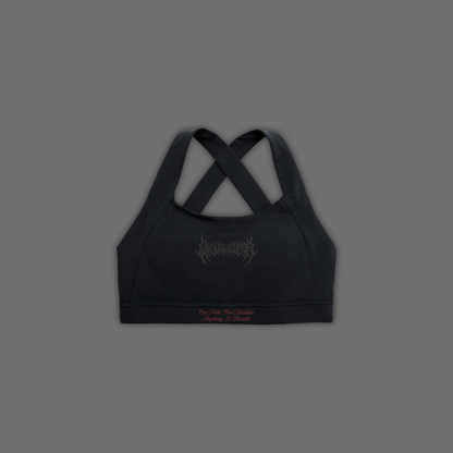 'WHY DO WE SCAR' DLFemme™ SHOCKPROOF SPORTS BRA IN MIDNIGHT BLK