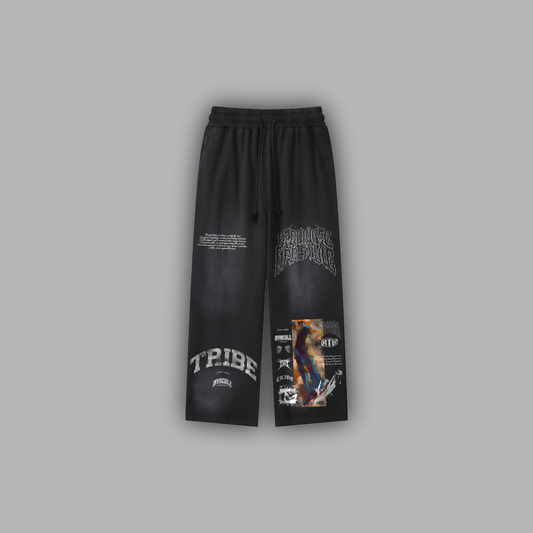 INVINCIBLE: COMPENDIUM 'LIMITED' ACID WASHED WIDE LEG LOUNGE SWEATS IN BLACK