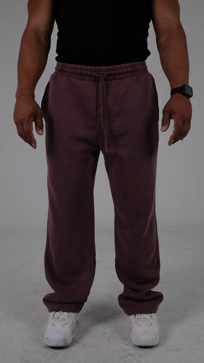 DL: ESSENTIALS 03 FRAYED ENZYME WASHED WIDE LEG SWEATS IN MAROON