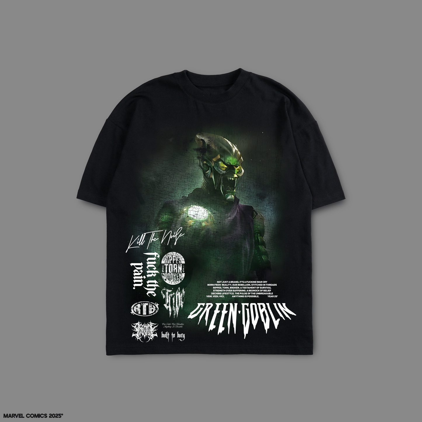 GREEN GOBLIN: ABSOLUTE CHAOS 'LIMITED' 10oz OVERSIZED TEE IN BLACK (COLORED VERSION)