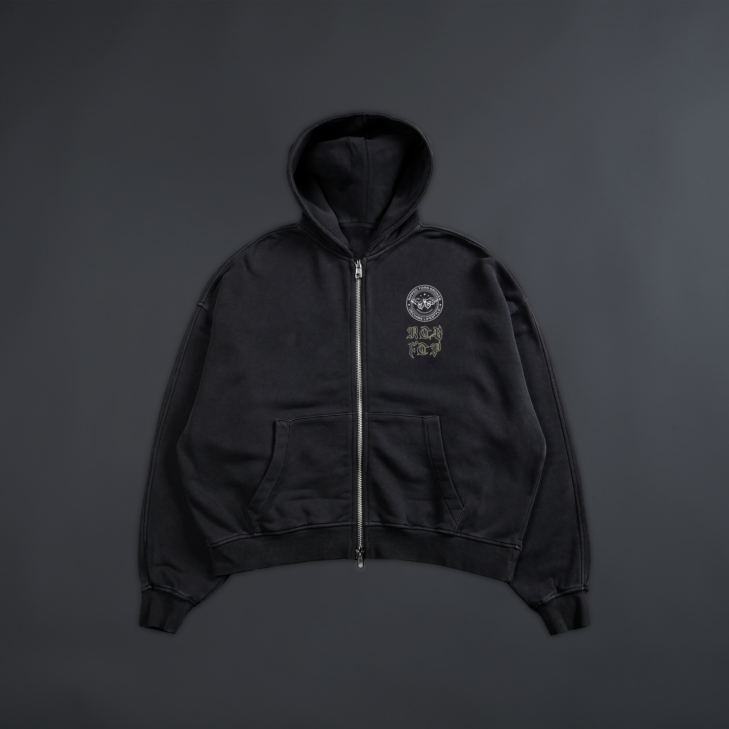KISUKE: Geta-bōshi SNOW WASHED DOUBLE ZIP HOODIE IN FADED BLK