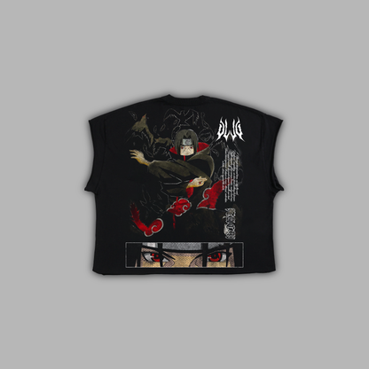 ITACHI UCHIHA 'LIMITED' RAW EDGE BOXY MUSCLE TEE IN BLACK