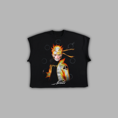 NINE-TAILS CHAKRA 'LIMITED' RAW EDGE BOXY MUSCLE TEE IN BLACK