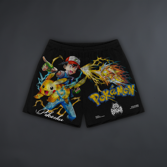 PIKACHU: 10 MILLION VOLT THUNDER 6" MESH SHORTS IN BLACK
