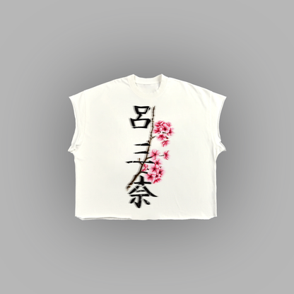 SAKURA 'LIMITED' RAW EDGE BOXY MUSCLE TEE IN WHITE