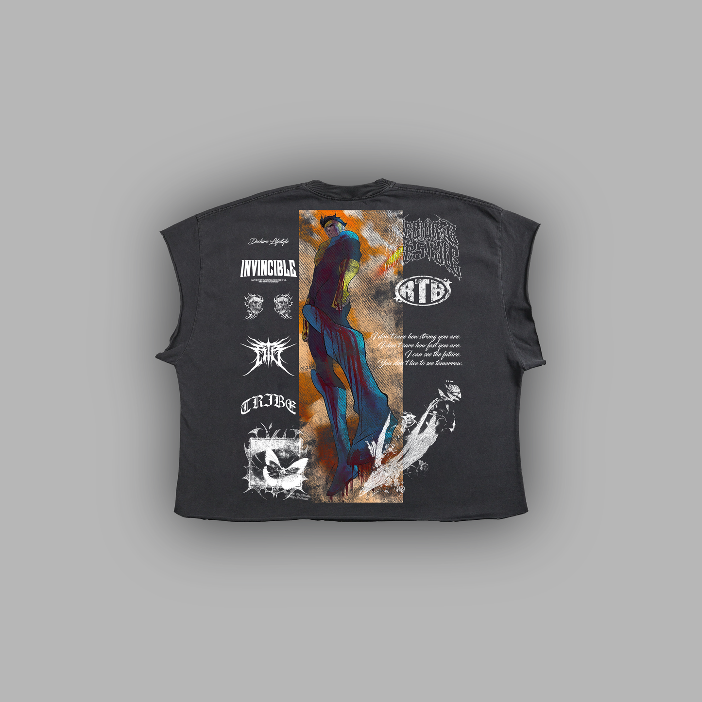 INVINCIBLE: COMPENDIUM 'LIMITED' RAW EDGE BOXY MUSCLE TEE IN BLACK