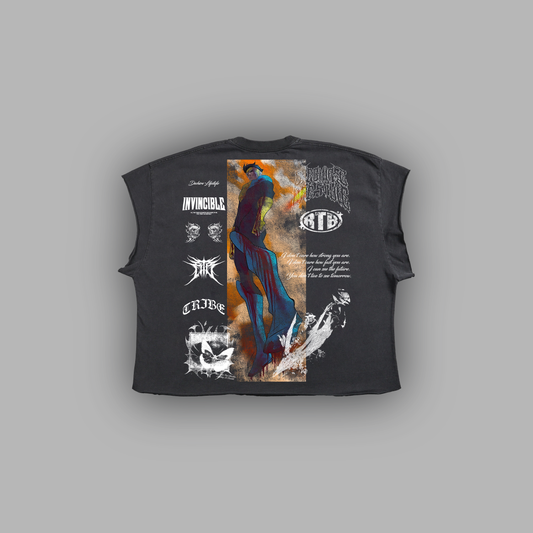 INVINCIBLE: COMPENDIUM 'LIMITED' RAW EDGE BOXY MUSCLE TEE IN BLACK