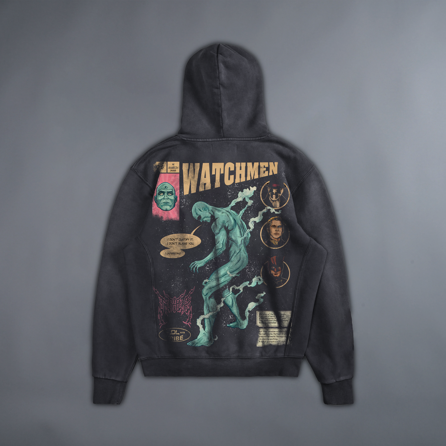 WATCHMEN: THE END IS NOW 'LIMITED' OVERSIZED RETRO HOODIE IN WASHED BLACK